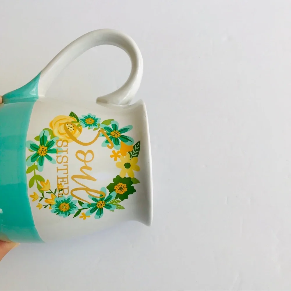 Boston Warehouse Soul Sister Belly Mug Floral Blue Green Cream Flowers Turquoise